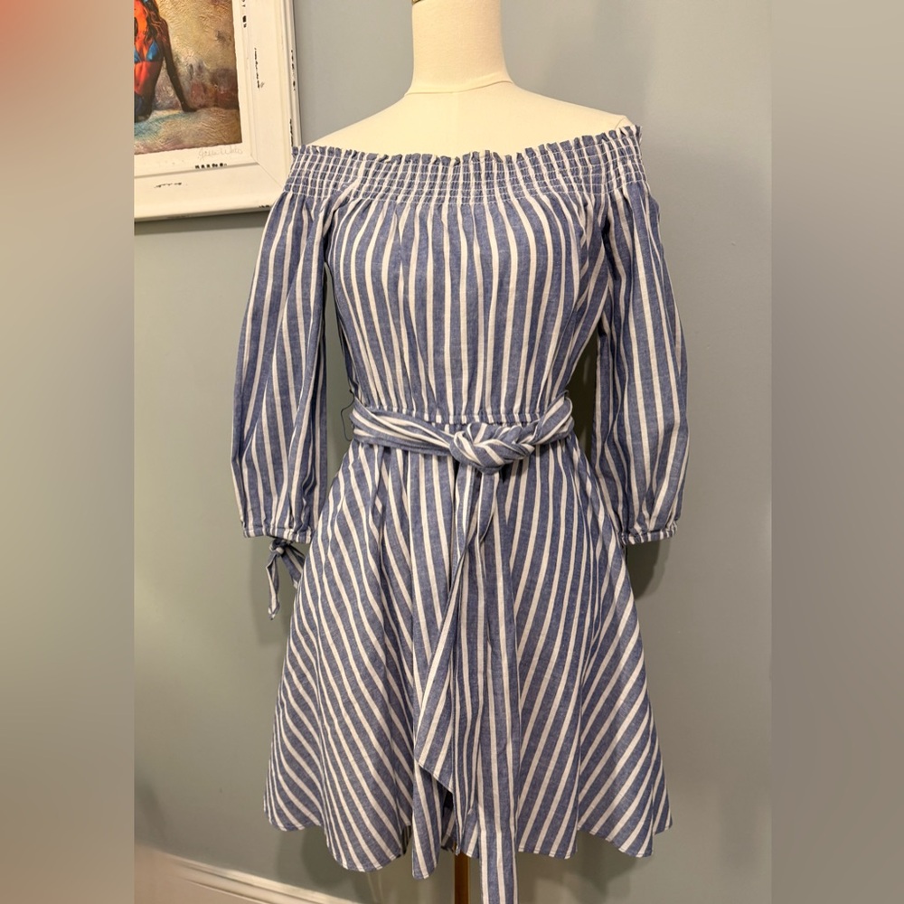 Eliza J - Striped Off-Shoulder Blue Dress